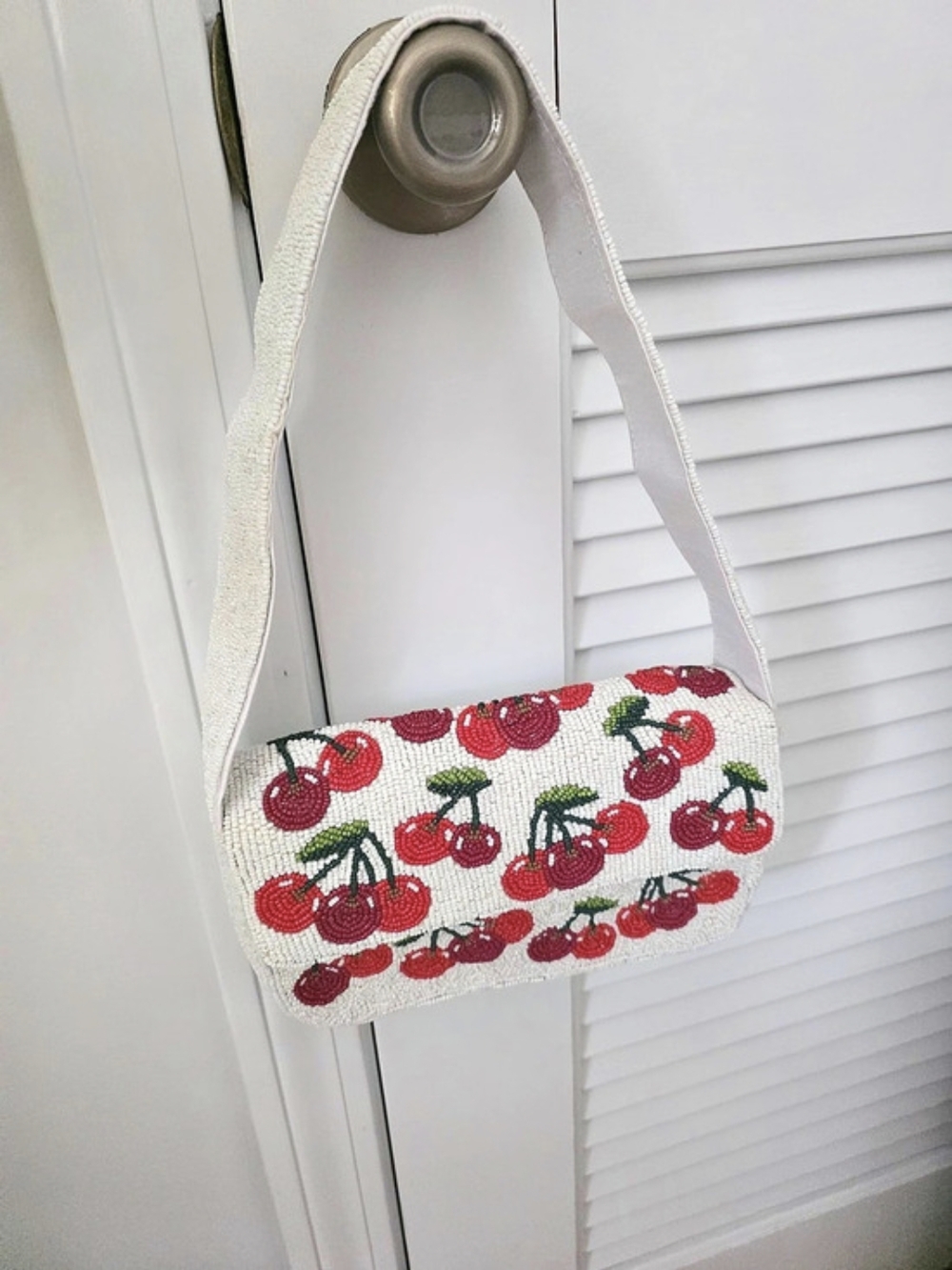 Beaded Cherry Shoulder Bag in White & Red